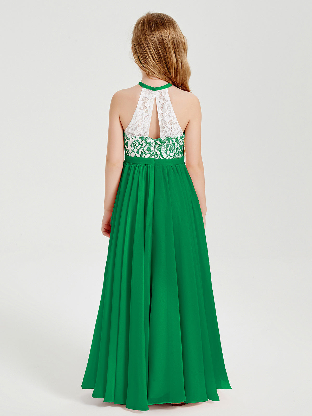 Lace Top Long Chiffon Bridesmaid Dresses Emerald